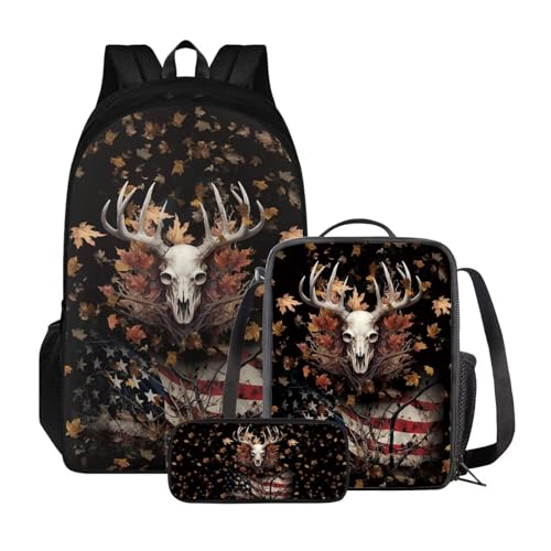 Set di 3 zaini per la scuola con borsa per il pranzo e astuccio zaino per libri universitari per studenti allaperto Vintage Usa Bandiera Alce Foglie Dacero Taglia unica Zaini Daypack