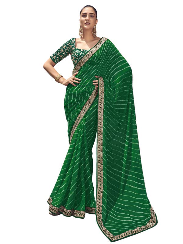 SIRILWomen'S Georgette Leheriya Printed, Lace Saree With Unstitched Blouse Piece