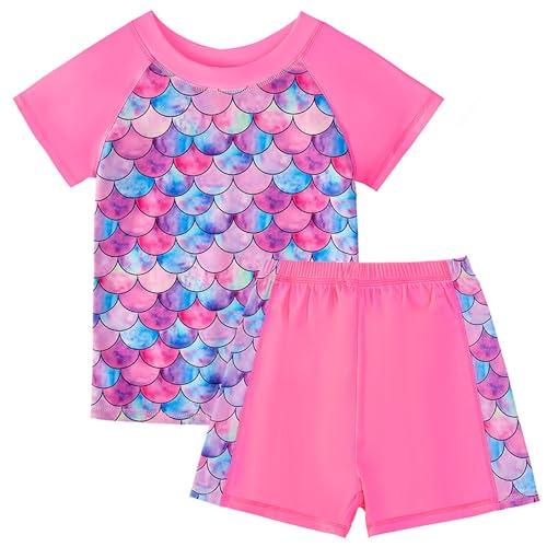Girls Two Piece Swimsuits Bathing Suits for Little Girl Rash Guard Short Sleeve Beach Swimwear Set for Kid 4-12 Years