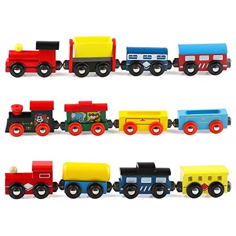 Joqutoys 12 PCS Wooden Train Cars, Train Toys Magnetic Set Includes 3 Engines and Storage Bag, Toy Train Sets for Kids Toddler Boys and Girls, Compatible with Major Brands Train Tracks Set Cover