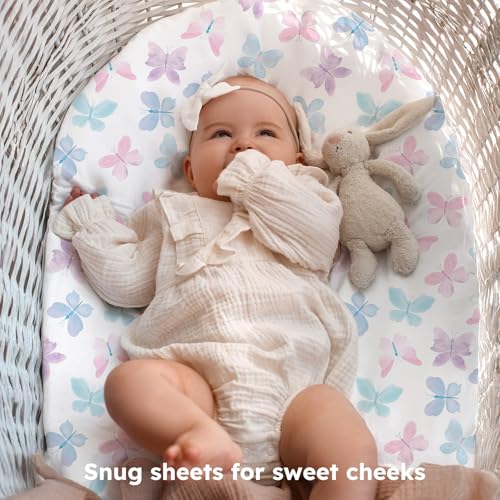 Image of Baby Bassinet Sheets Girl, 3 Pack Fitted Bassinet Mattress Sheets, Compatible with Halo Bassinest Swivel Sleeper&Oval Hourglass Rectangle Mattress,Ultra Soft Butterfly Floral
