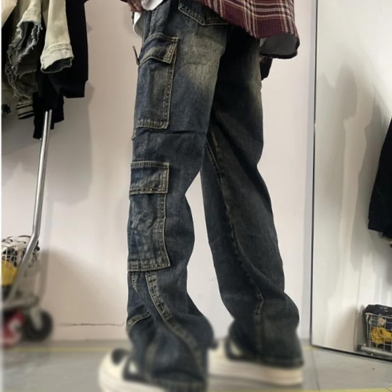 Men's Cargo Jeans Straight Casual Trousers Hip Hop Pants3
