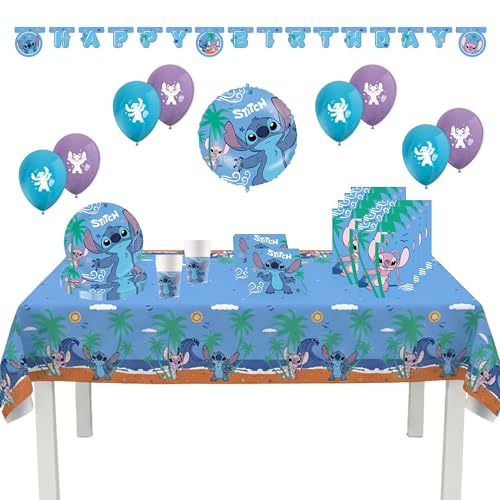 Procos - Décoration d'anniversaire Stitch, set de 55 pièces, contient 8 assiettes en carton, 8 gobelets en carton, 20 serviettes, nappe, guirlande, 8 ballons, un ballon en plastique, 8 sacs de fête