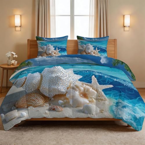 Colcha mediterránea de playa océano, 200 x 200 cm, 4 estaciones, reversible, para playa de arena, perla, concha, estrella de mar, cálido edredón para todo el año, edredón sin funda azul, manta lavable