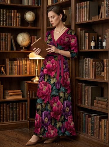 Image of PinkPatty Plus Size Maxi Dresses for Women Casual Flowy Long Dress 3 /4 Sleeve V Neck Wrap Dress with Belt
