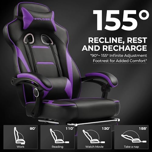 GTPLAYER Gaming Chair with Footrest, Big and Tall Game Chair 350lb Racing Style Computer Chair, Ergonomic Executive Office Chair High Back with Lumbar Support and Recliner, Purple