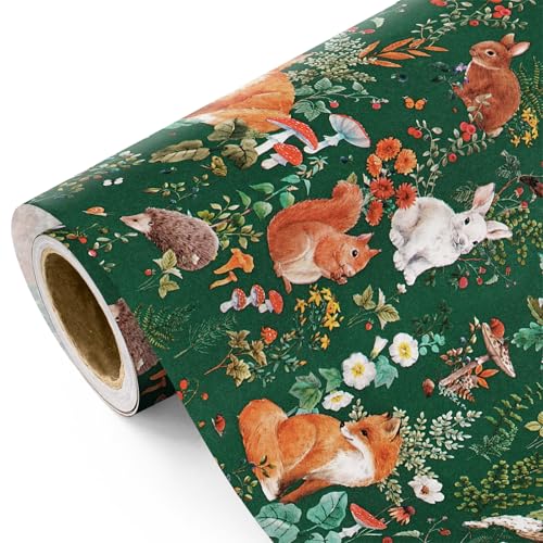 WRAPAHOLIC Kraft Forest Woodland Wrapping Paper - Mini Roll - 17 Inch x 16.5 Feet - Forest Animals Fox Wrapping Paper with Flowers Design for Birthday Holiday Drawer Liner