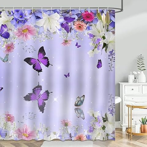 Avezano Butterfly Shower Curtain with Hooks Cover