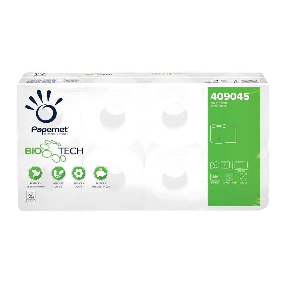 72 Stück Papernet Papernet Bio Tech Toilettenpapier, Kleinrolle, 3-lagig, Recyclingpapier, weiß, L: 11cm, B: 9,5cm, Kerndurchmesser: 4,2cm, Laufmeter: 27,5m, Abrisse: 250, Ø: 12,1cm