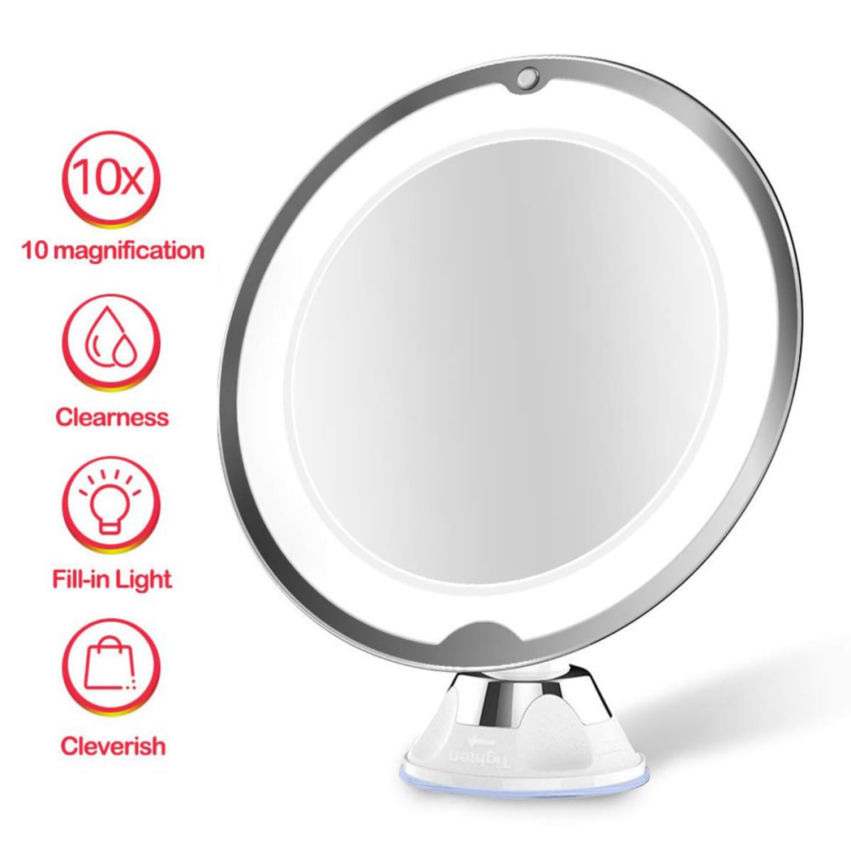 ibasenice Espejo de Maquillaje LED con Aumento 10x y Ventosa, Espejo Redondo de Vidrio Blanco para Baño y Tocador, Portátil y Práctico para Maquillaje Diario