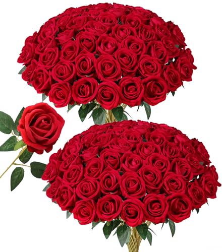 Image of HyeFlora 50 PCS Red Roses Artificial Flowers, Fake Roses with Stems Realistic Silk Roses for DIY Wedding Bouquets Tables Centerpieces Arrangements Party Baby Shower Birthday Home Decor Gift for Her