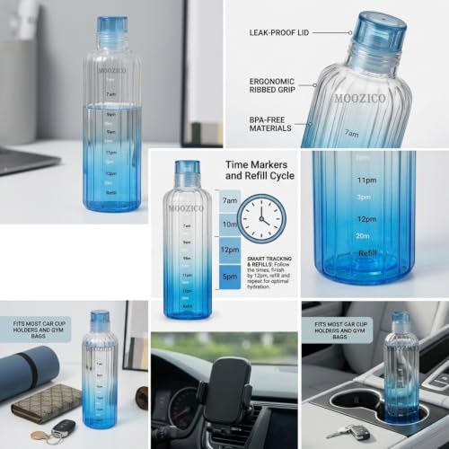 Image of Glass Water Bottle for Adults, Student Direct Drinking Freezer Safe, Leak Proof, Gym Travel On-The-Go Hotel-Style Design Borosilicate Glass Water Bottle With Time Marker (Blue Lining)