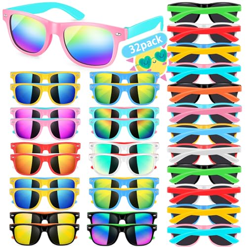 Kids Sunglasses Bulk - 32 Pack Neon Sunglasses with UV400 Protection for Boys and Girls, Party Favors for Kids 3-8