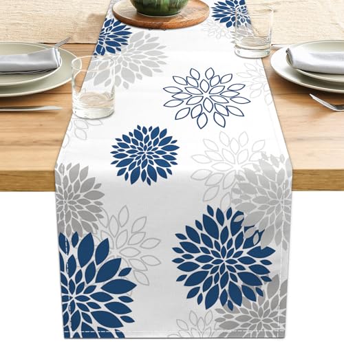 Dahlia Flower Table Runner 13x90 Inch Farmhouse Blue Gray Runners Modern Table Decorations Rustic Geometric Coffee Table Runner for Home Kitchen Dining Room Party (13"x90", Dahlia Floral-Blue)