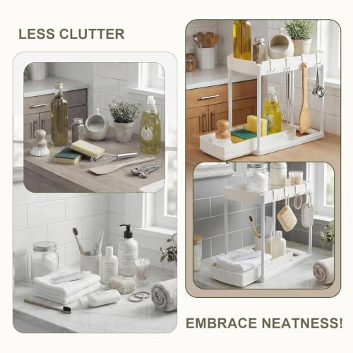 COLMO 2 Pack Organizador Bajo Fregadero 2 Niveles con Cajón Extraíble, Blanco, 15 x 14.3 x 7.8 pulgadas, 8 Ganchos Incluidos, Montaje sin Herramientas, Plástico ABS miniatura 5