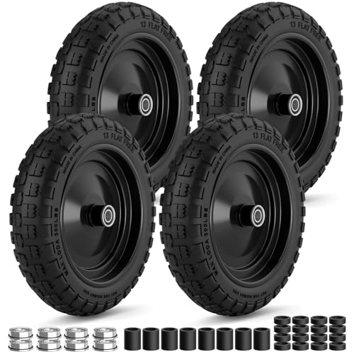 RONPOW 4.00-6 Flat Free Tire and Wheel 13 Inch Solid Wheelbarrow Tires 300Lbs Load 3/4 Axle Hole 1-3.5 Hub for Wheelbarrow Garden Cart Hand Truck for Garden Home Farm 4Pack Black