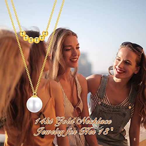 14K Solid Gold Freshwater Pearl Layered Necklace For Women, Gold Bead Balls Cable Chain Choker Pendant Jewelry Anniversary Birthday Gift For Her, Wife, Mom 18 Inch #TOP5