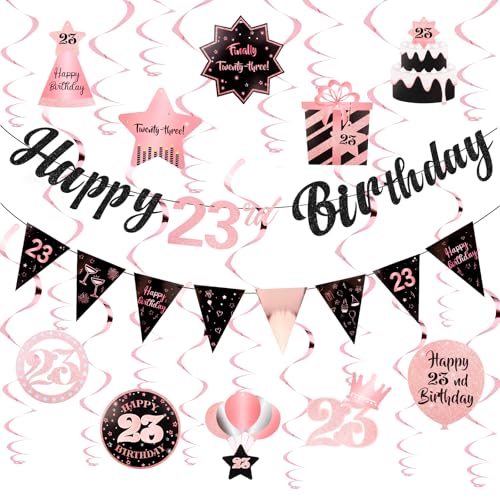 Image of 23rd Birthday Decorations for Women Rose Gold Pink Pre Strung Happy 23rd Birthday Banner and Hanging Swirls 23 Year Old Party Decorations Supplies