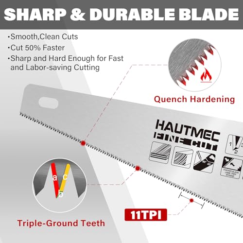 HAUTMEC 350MM Universal Hand Saw, 11 TPI Fine Cut Wood Saw with Hardened Triple-Ground Teeth & Bi-Material Ergonomic Handle, Compact Handsaw for Wood, Plastic, PVC, Laminate & Branch Cutting – HT0024 - Image 3