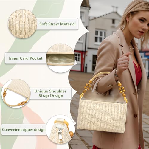 Image of YYW Straw Beach Bag with Zipper Straw Purse Beach Purse Weave Shoulder Vacation Tote Handbags