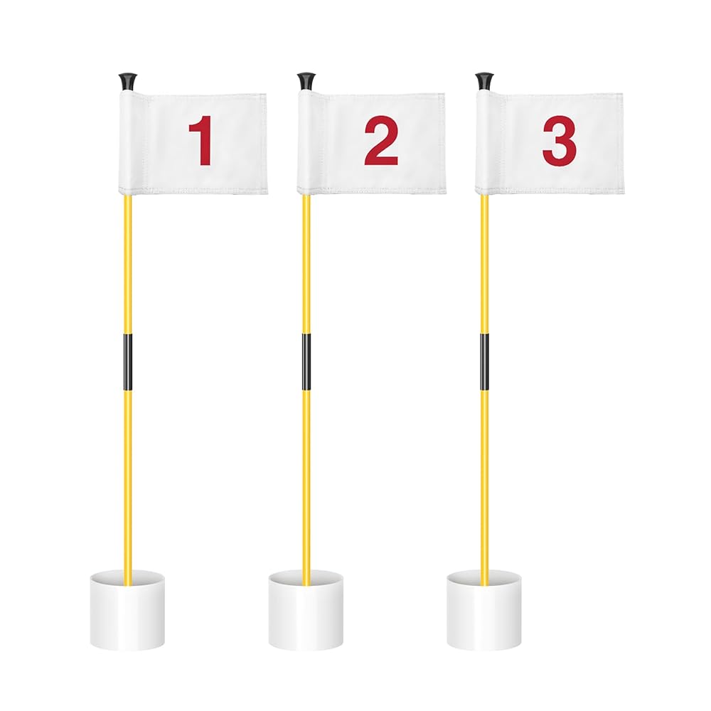 KINGTOP Miniature Golf Flagstick, Practice Putting Green Flags for Yard, Golf Pin Flag Hole Cup Set, Portable 2-Section Design, 3ft Flagpole, Indoor | Outdoor, White Flag Numbered 1 2 3, 3-Pack