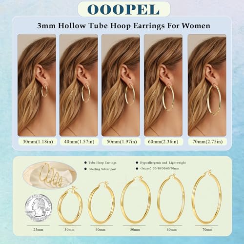 OOOPEL 3mm Gold Hoop Earrings For Women Hollow Tube 14k Gold Plated Hypoallergenic 925 Sterling Silver Post Lightweight Silver Hoop Earrings 30/40/50/60/70mm4