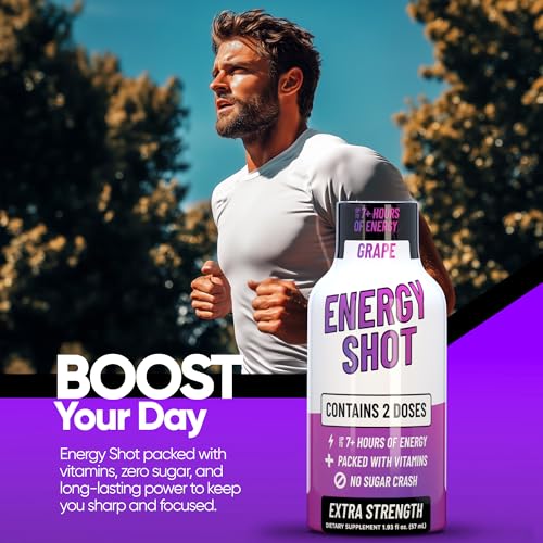 Image of Grape Extra Strength Energy Shot 48 pk - 260mg Natural Caffeine B12 B6 - Energy & Focus Support - 2 Servings Sugar Free Zero Calorie Green Tea B-Vitamins Electrolytes Vegan - 1.93 fl oz