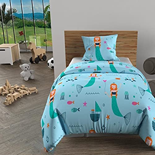 Soleil d'ocre, Duvet Cover Set 140 x 200 cm Sirens Blue, 100% Cotton, 57 Threads/cm2, Petit lit 1 personne