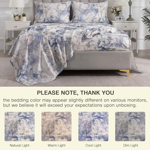 Image of Vintage Floral Percale Sheets King Size Deep Pocket, White & Blue | 100% Cotton Soft Crisp Toile Sheet Set, Shabby Chic Flower Bed Sheets, Cottage Core Bedding, Botanical Print, Farmhouse, 4Pcs