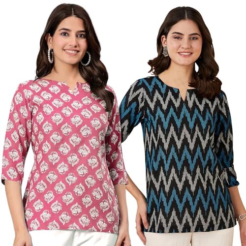 Image of Pinkmint Women's Printed Cotton Blend Short Kurti with 3 /4th Sleeve & Notch Neck l Casual & Office Wear Tunic Shirt Kurti