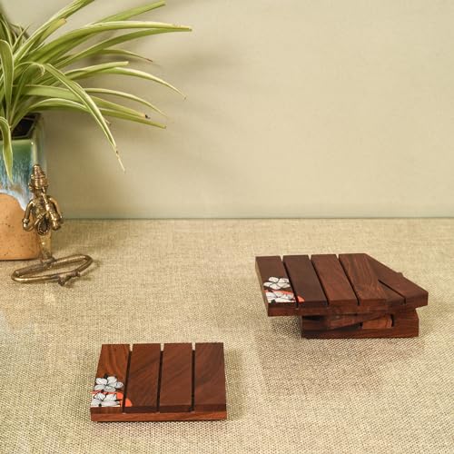 Image of AAKRITI ART CREATIONS Blossom Breeze Coaster | Wooden Coaster Set of 4 | Decorative Coaster Matte Finish | Floral Art Wooden Handcrafted Coasters | Brown Wooden Coaster Set, Hand Painted