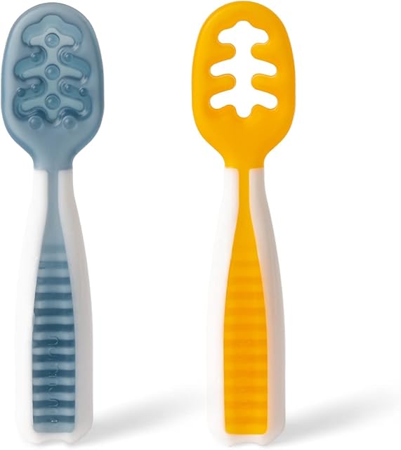 NumNum Baby Weaning Spoons | 2 Silicone Spoons (Steps 1 + 2) | #1 Recommended by Nutritionists and Baby-led weaning Experts | Ideal BLW (Blue/Orange)