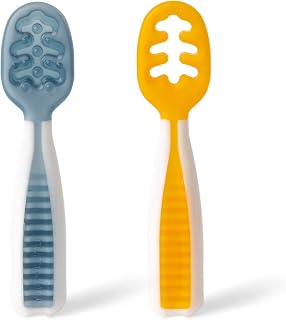 NumNum Baby Spoons Set, Pre-Spoon GOOtensils for Kids Aged 6+ Months - First Stage, Baby Led Weaning (BLW) Teething Spoon - Self Feeding, Silicone Toddler Food Utensils - 2 Spoons, Blue/Orange