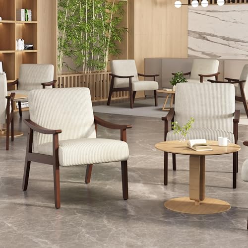 Image of Yaheetech Corduroy Accent Chair, Mid-Century Modern Armchair with Solid Wood Legs, Reading Leisure Chair with High Back for Living Room Bedroom Waiting Room, Set of 2, Beige