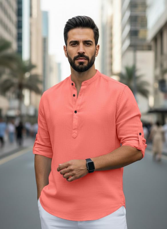 Image of Men Cotton Blend Mandarin Collar Casual Kurta Shirt | Roll-Up Sleeves | Regular Fit Ethnic Short Kurta for Daily