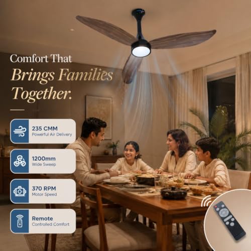 Image of XUGA Ziora F9P 1200mm BLDC Ceiling Fan with Remote & LED Light, 34W Energy Saving Copper Motor, 370 RPM Speed, 235 CMM Air Delivery, 6+ Boost Speed Settings, Wooden Finish Blades, Black Motor Housing