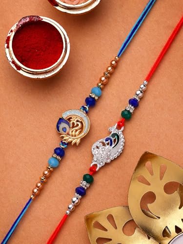 Image of Sukkhi Rakhi Iconic Designer Kundan Meenakari Red Green Gold Plated Premium Rakhi for Brother with Roli Chawal & Greeting Card|Rakhi for Brother /Bhaiya /Bhai /Men|Rakhi Combo-Set of 2