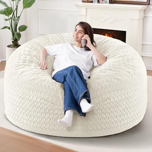 Image of HABUTWAY 5FT Bean Bag Chair,Giant Bean Bag Chairs for Adults,Big Bean Bags with Memory Foam Filled, Large Beanbag Chairs with Chevron Plush Cover-White