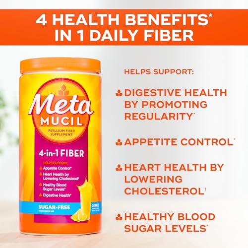 Image of Metamucil 4 in 1 Daily Fiber Supplement Powder, Fiber Powder for Digestive Health and Regularity*, Sugar-Free, Orange, Naturally Sourced Psyllium Fiber, 30 teaspoons