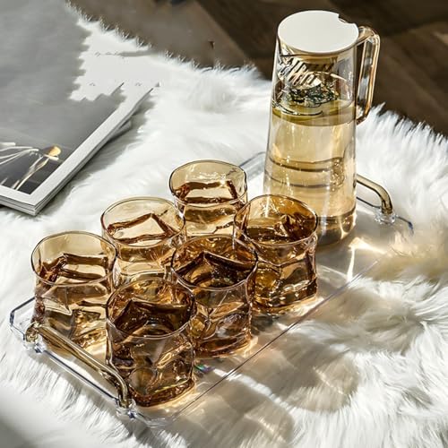 Image of Wringo Premium 7pc Crystal Water Jug with Glass Set and Jug Set Combo,Freezer Safe and Dishwasher Safe (6 Pieces Glasses 200ML and 1 Water Juice Jug 1 Liter), Transparent, Glass and Jug Set (WS-05)