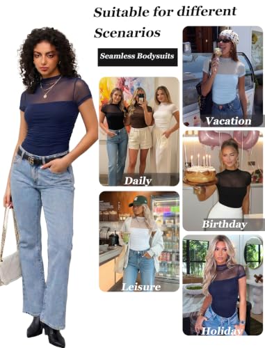 Image of Avidlove Women's Short Sleeve Bodysuit Turtle Neck Body Suits Mesh One Piece Leotard Going Out Tops Date Outfits