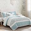 Madison Park Cotton Quilt Set Floral Print, Double Sided Stitching, All Season, Lightweight Coverlet Shabby Chic Bedding Layer, Matching Shams, King/Cal King, Aqua 6 Piece