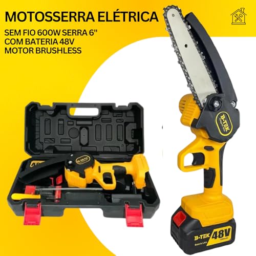 Motosserra Elétrica Sem Fio Portátil 600W Serra 6” Bateria 48V Bivolt Com Maleta Armazenagem Motor B