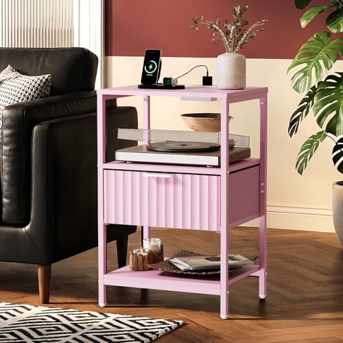 Image of VINGLI Nightstands Set of 2 with Fabric Drawer, Pink Nightstands with Charging Station, Fluted Nightstand Pink Bedside Table /End Table for Bedroom, Night Stand Small for Kids Room, 2 pcs