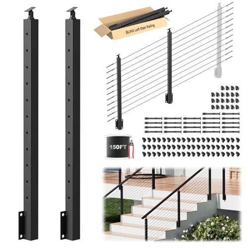 Image of BLIKA 4FT-12FT Complete Set 36 inch Side Mount Stair Railing Post Kits, Fascia Mount Stair Posts, Black Swageless Cable Railing System Include 2 Right Stair Posts, 150FT 1 /8 inch Stainless Cable(No Handrail)