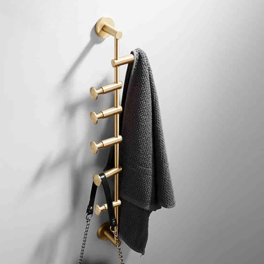 Perchero Vertical de Pared, Moderno Perchero de Pared, Perchero Dorado, 6 Ganchos Elegantes de latón, Percha Que Ahorra Espacio para Bufandas, Ropa, Bolsos,Gold