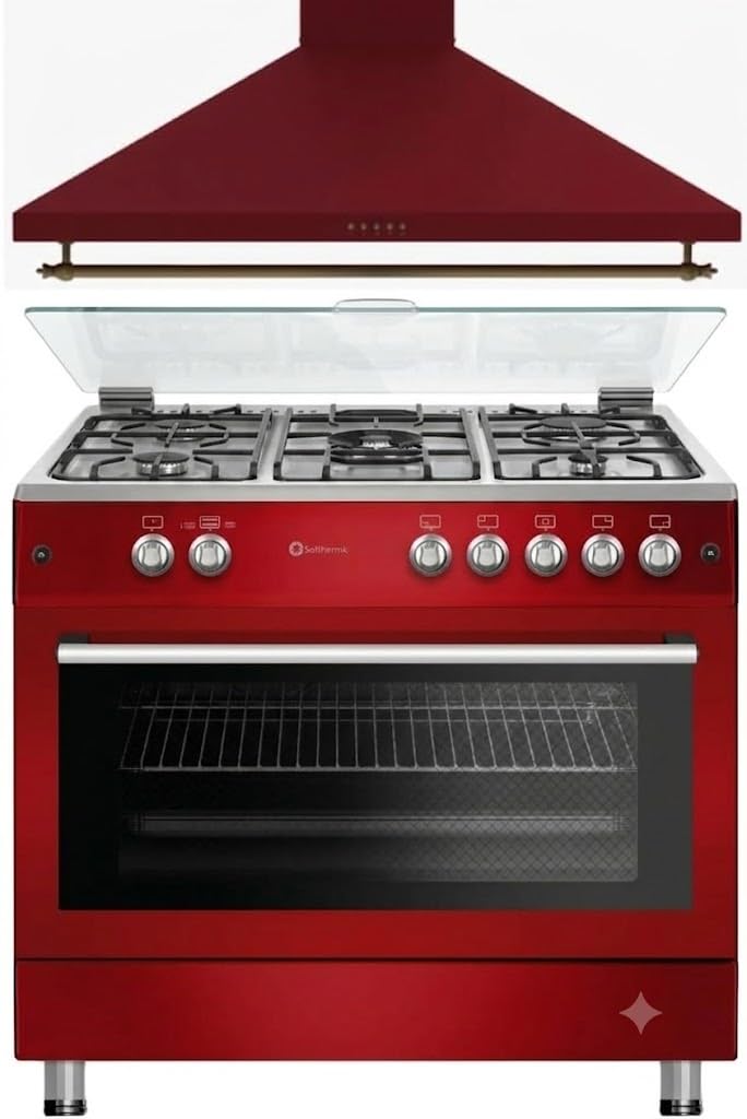 PACK SOLTHERMIC COCINA F9L50G2 ROJA PANORAMICA Y CAMPANA DE 90 8924 (5 FUEGOS Y HORNO PANORAMICO/GAS BUTANO Y GAS CIUDAD/ENTREGA A DOMICILIO Y RETIRADA DEL USADO GRATIS/ALTA GAMA