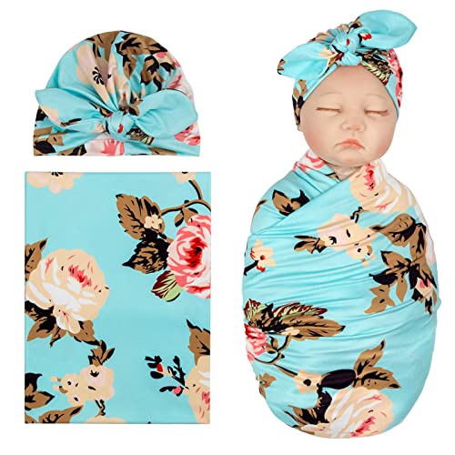 Image of DRESHOW BQUBO Newborn Floral Toddler Warm Receiving Blankets Floral Printed Newborn Baby Swaddling Hats