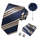 Ties Set Men Mixed Color Necktie Handkerchief Cufflinks Brooch 3.15 Formal (Blue Gold)
