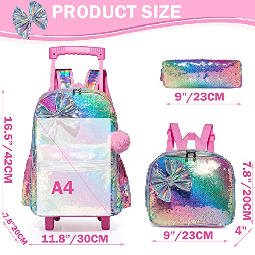 Bowknot Rolling Backpack For Girls Roller Backpacks With Wheels Kids Wheeled Sequin Suitcase Trolley Trip Luggage For Elementary Kindergarten Student With Lunch Box Pencil Case For Kids 5-12 Years Old #TOP1